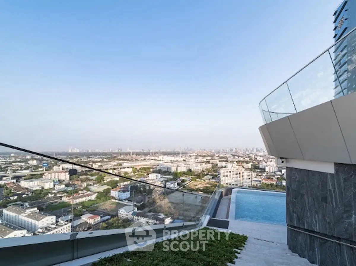 Stunning rooftop pool with panoramic city views in modern high-rise building.