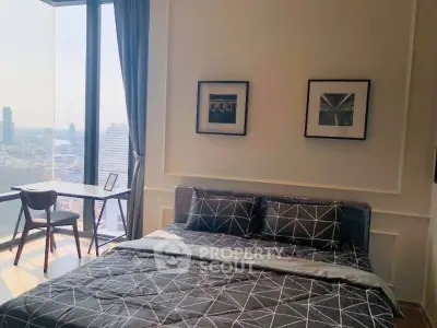 Modern bedroom with stunning city view and stylish decor