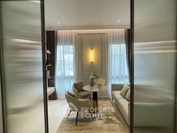 Elegant living room with modern decor and soft lighting