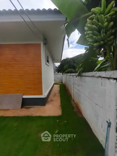 Charming side view of a modern house with lush garden and banana tree