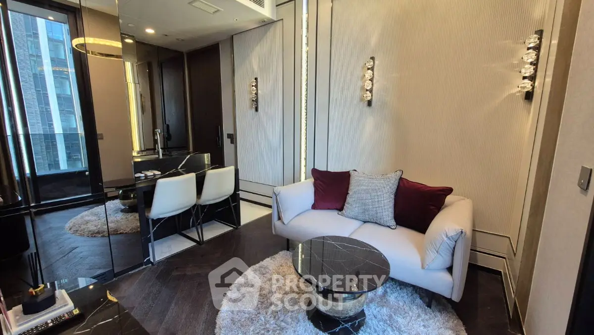 Luxurious modern living room with elegant decor and city view, featuring plush seating and stylish lighting.
