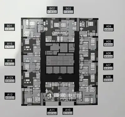 Detailed floor plan showcasing various apartment layouts with square meter specifications.