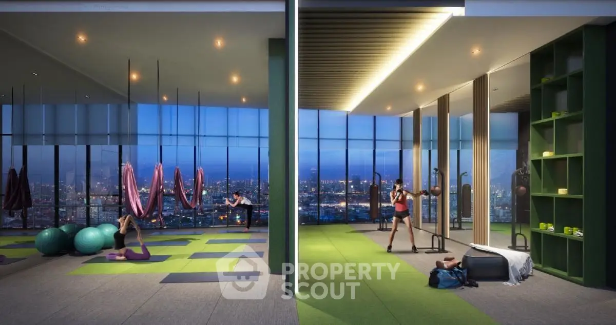 Luxurious high-rise gym with panoramic city views and modern fitness equipment.