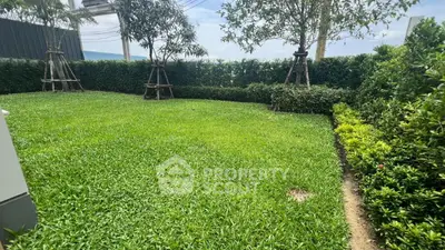 Lush green garden with manicured hedges and young trees in a serene setting.