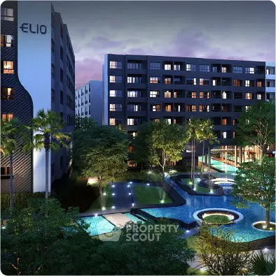 Luxurious modern apartment complex with stunning pool and lush gardens at dusk.