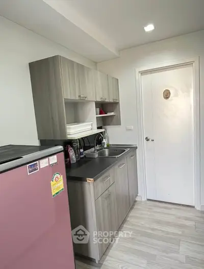 Modern compact kitchen with sleek cabinetry and stainless steel sink in a cozy apartment.