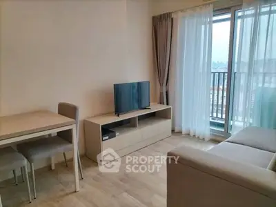 Modern living room with balcony view and minimalist furniture