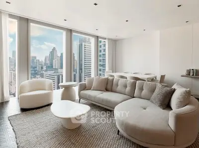 Luxurious modern living room with stunning city view and elegant furniture.