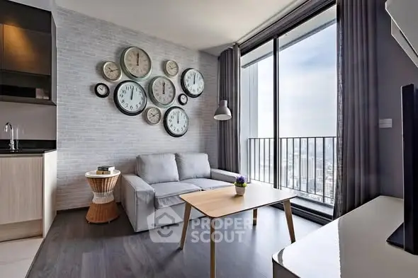 Modern living room with city view, stylish clock wall, and cozy seating area.