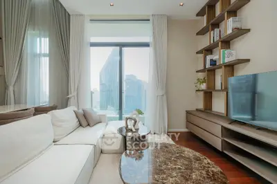 Luxurious modern living room with stunning city view and elegant decor