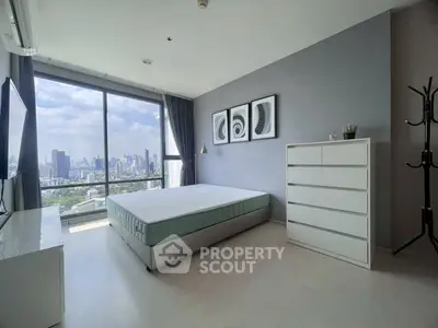 Modern bedroom with stunning city view and minimalist decor