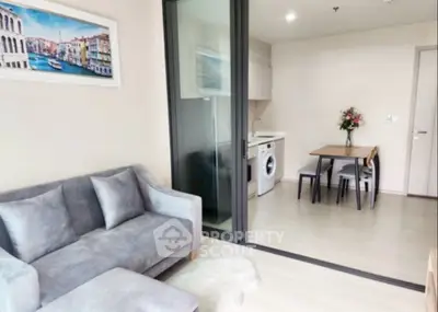 Modern living room with cozy sofa and compact kitchen featuring washing machine.