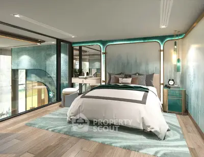 Luxurious modern bedroom with elegant decor and large windows