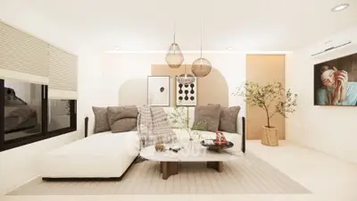 Modern living room with stylish decor and cozy seating area