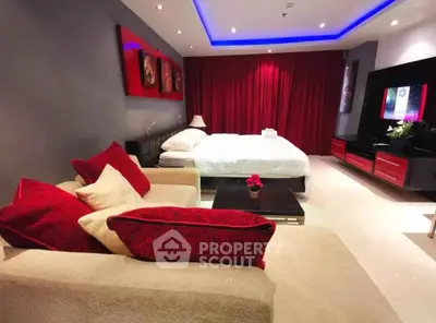 Luxurious modern bedroom with stylish decor and ambient lighting