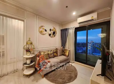 Luxurious living room with elegant decor and stunning city view from balcony.