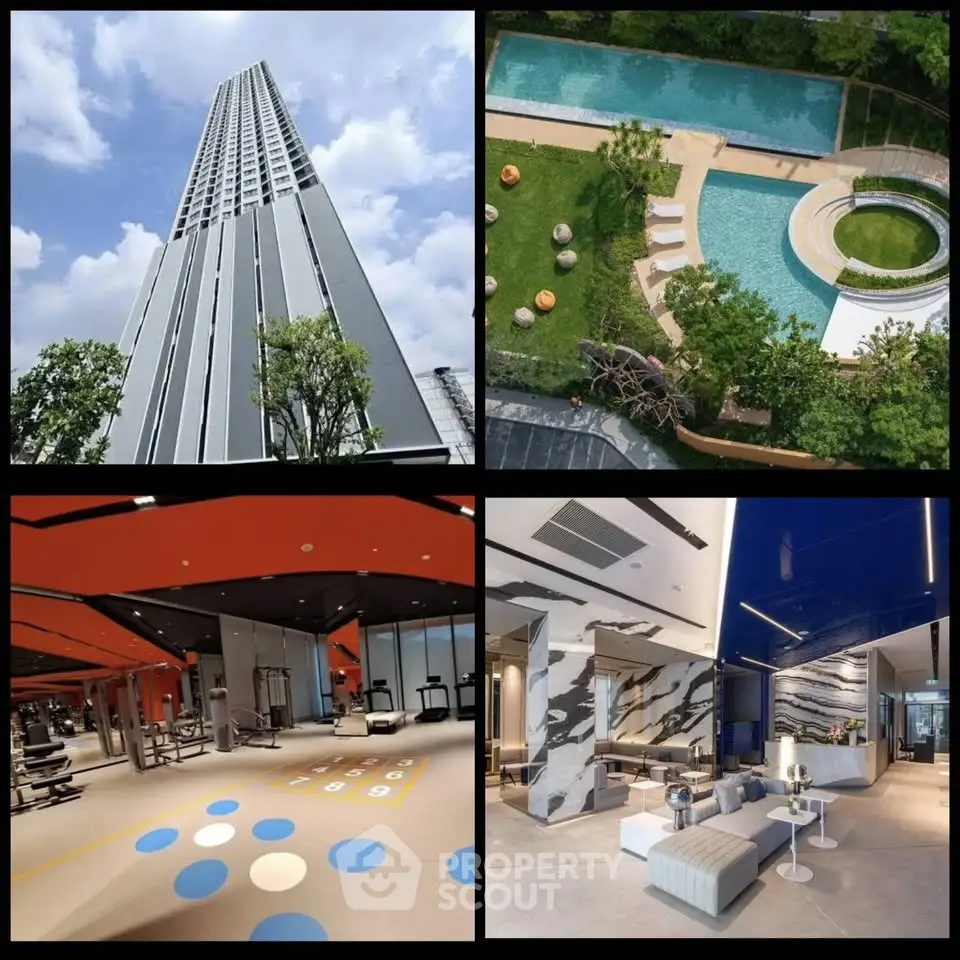 Luxurious high-rise building with pool, gym, and modern lobby amenities.