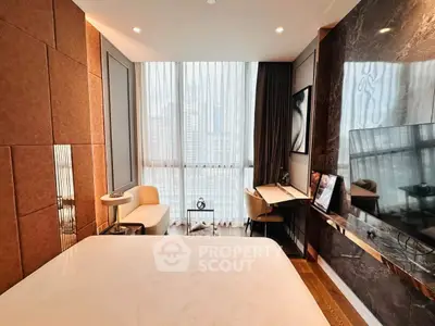 Luxurious bedroom with modern decor and stunning city view through large windows.