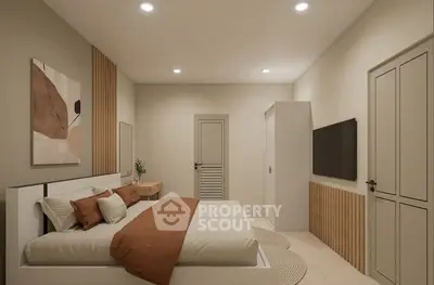 Modern bedroom with stylish decor and neutral tones, featuring a cozy bed and wall-mounted TV.