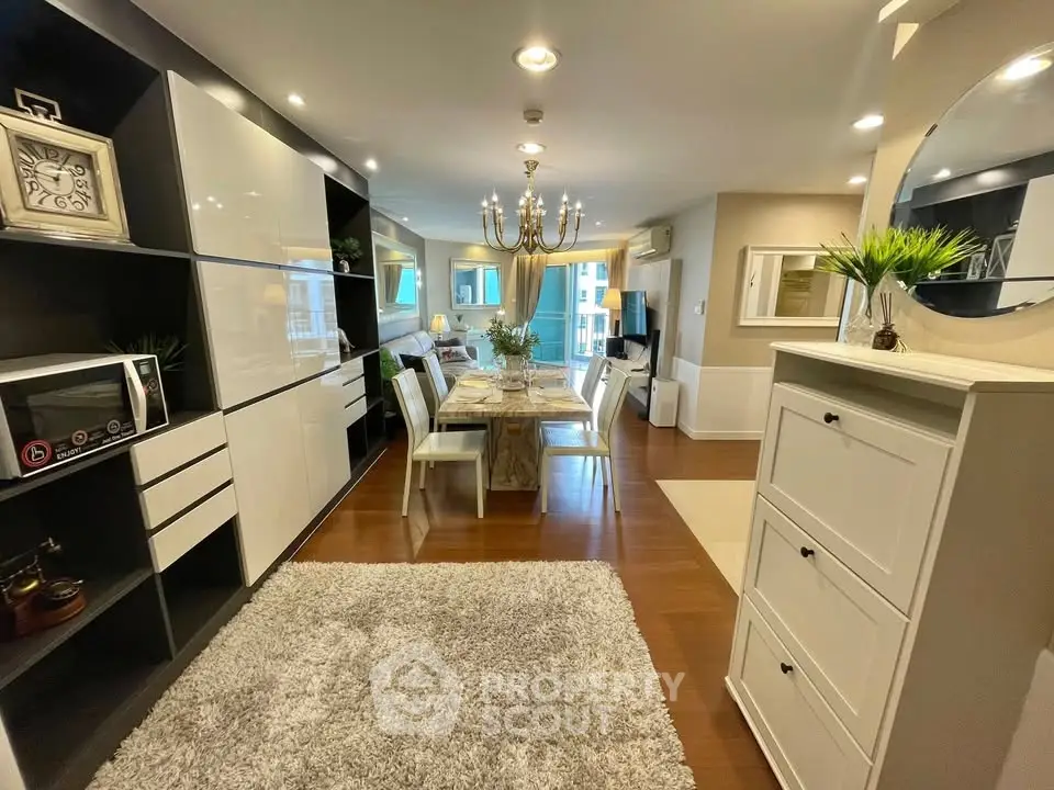 Spacious modern living room with elegant dining area and stylish decor