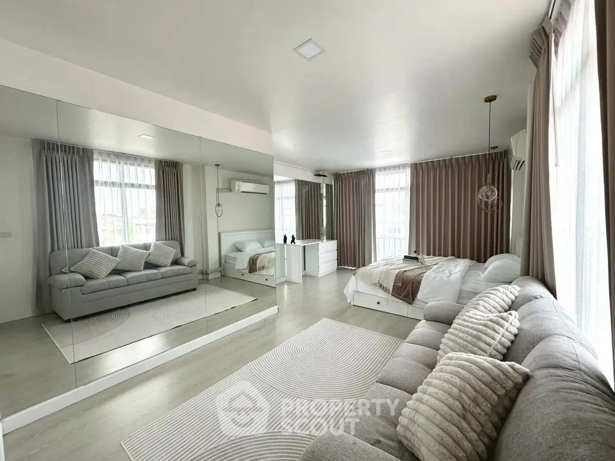 Spacious modern bedroom with large windows and stylish decor