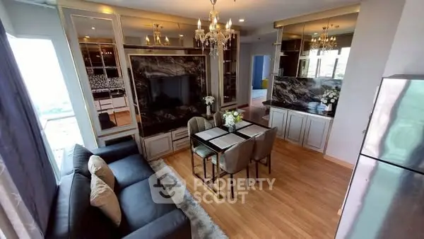 Luxurious modern living room with elegant decor and open kitchen layout