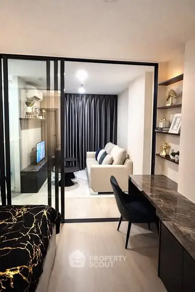 Modern apartment interior with stylish living room and workspace