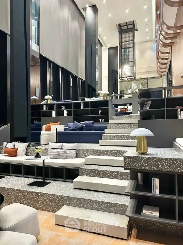 Luxurious modern living room with high ceilings and stylish seating area