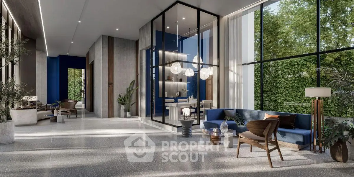 Luxurious modern living room with floor-to-ceiling windows and elegant blue accents.