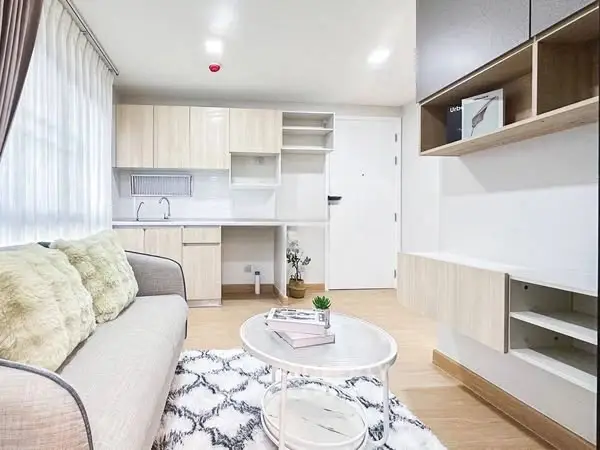 Modern living room with cozy sofa and stylish open kitchen layout