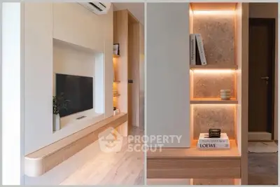 Modern living room with stylish built-in shelves and ambient lighting