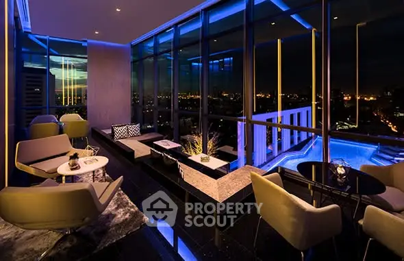 Luxurious modern living room with stunning city view and elegant lighting.