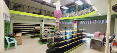 Spacious commercial space with modern shelving and mezzanine level