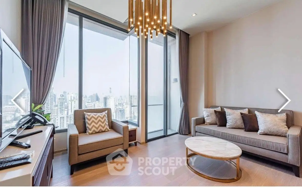 Luxurious living room with stunning city view, modern furniture, and elegant lighting in high-rise apartment.