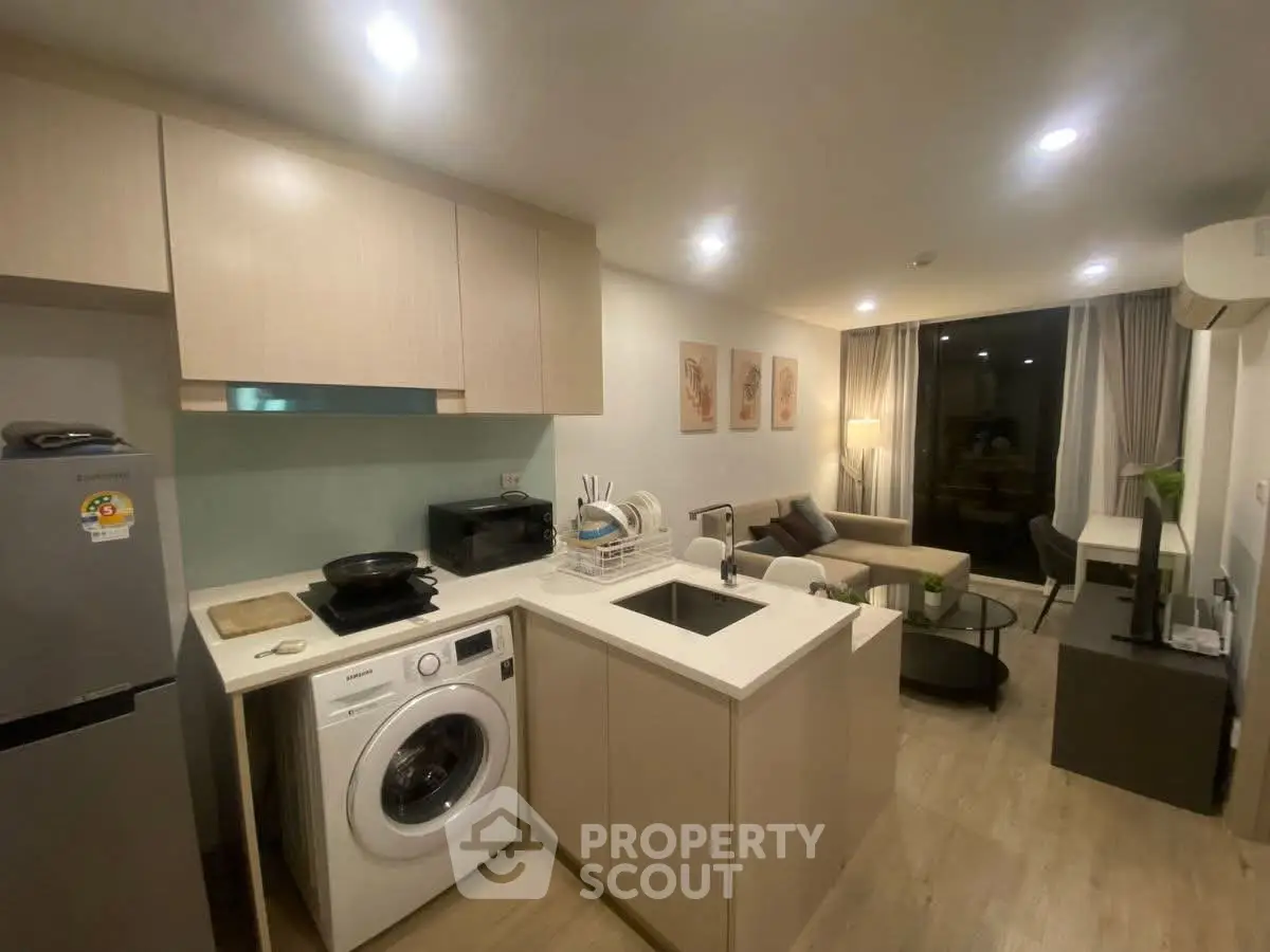 Modern open-layout kitchen and living room with washing machine and cozy decor.