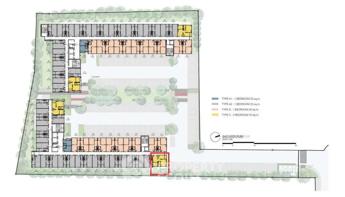Detailed schematic plan of a modern residential complex with various unit types and layout.