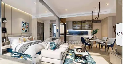 Luxurious open-plan living room with modern decor and elegant dining area.