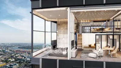 Luxurious high-rise apartment with panoramic city view and modern interior design