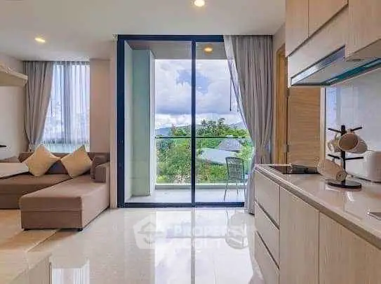 Modern open layout living room with kitchen and balcony view
