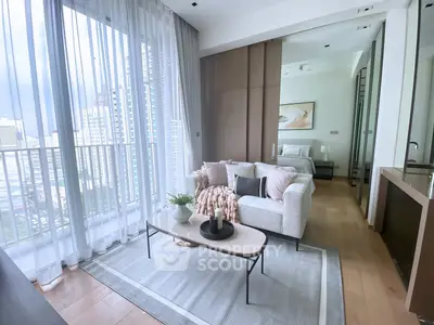 Modern living room with city view and elegant decor in luxury apartment