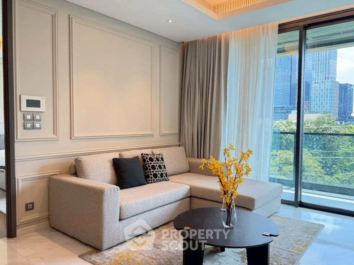 Luxurious living room with modern sofa and stunning city view from large windows.