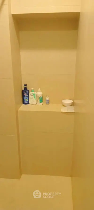 Minimalist shower area with built-in shelf and toiletries