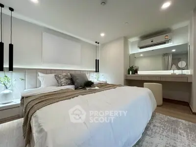 Luxurious modern bedroom with elegant decor and ambient lighting