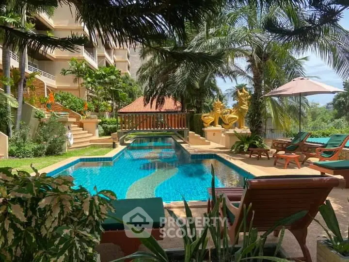 Luxurious tropical resort-style pool with elegant loungers, lush palm trees, and a serene ambiance, perfect for relaxation and entertainment.