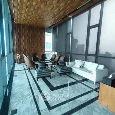 Luxurious modern balcony with stylish seating and panoramic city views