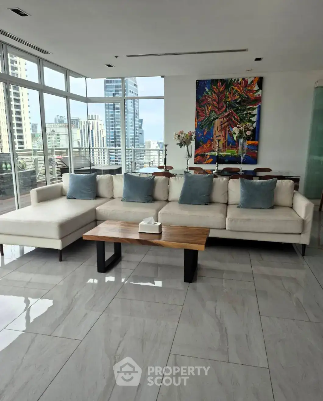 Luxurious living room with stunning city view and modern decor