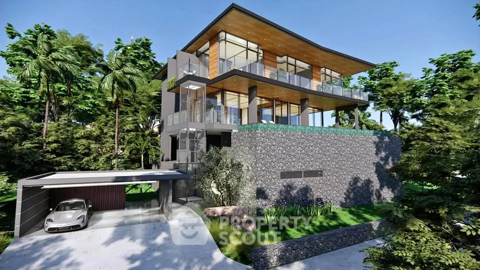 Luxurious modern villa with stunning architecture and lush greenery, featuring expansive glass windows and a sleek carport.