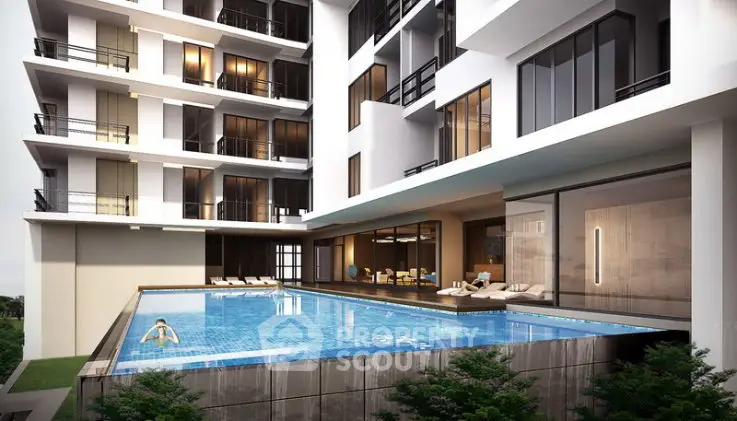 Luxurious modern apartment building with stunning outdoor pool and lounge area.