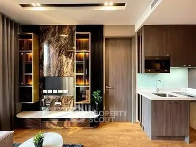 Modern living room with elegant wood finishes and built-in shelving