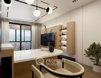 Modern living room with stylish decor and mountain view